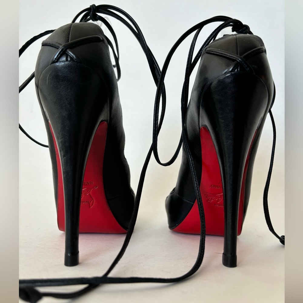 Christian Louboutin Heels 37 Black Lace Up Nappa Leather 120 mm Almond Toe - Picture 3 of 9